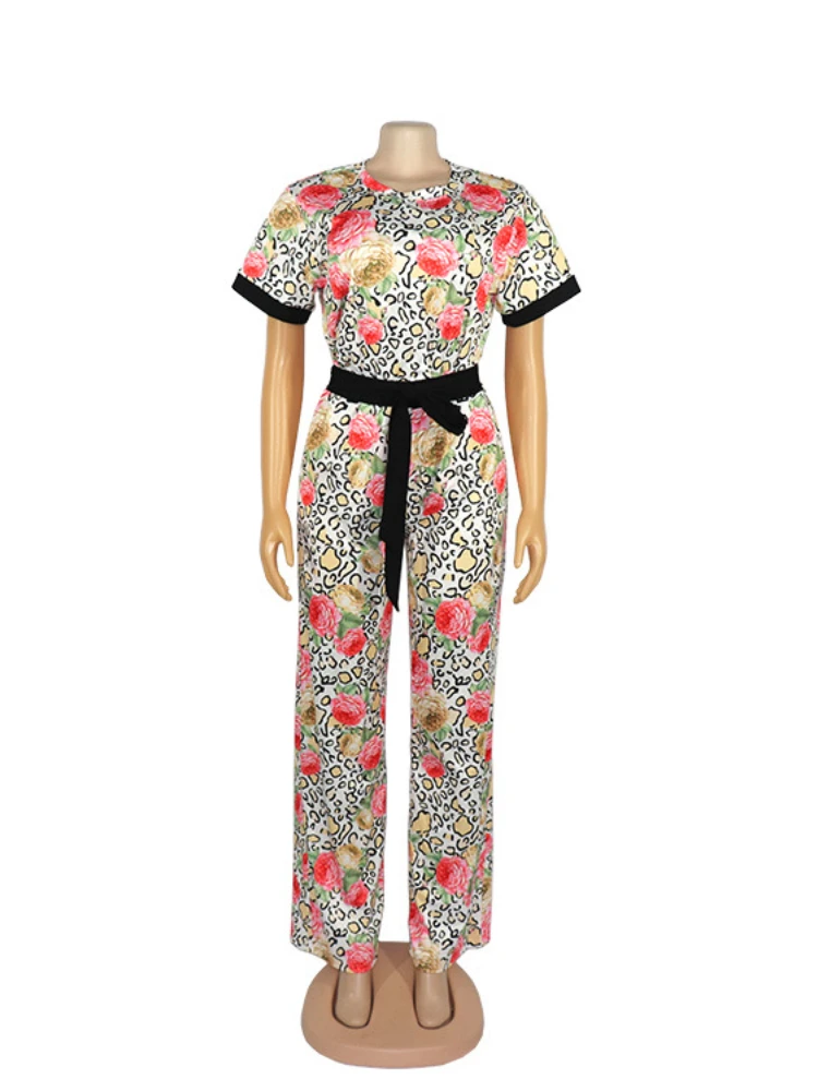 Vrouwen Gedrukt Jumpsuit O Hals Hoge Taille Met Taille Riem Korte Mouw Elegante Retro Afrikaanse Vrouwelijke Een Stuk Rompertjes Vintage nieuwe