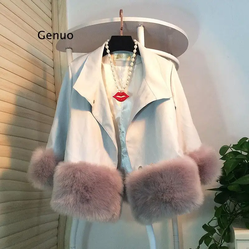 

Imitation Fur PU Leather Jacket Coat For Women 2022 Autumn Winter New Short Cotton Lining Patchwork Female Trend