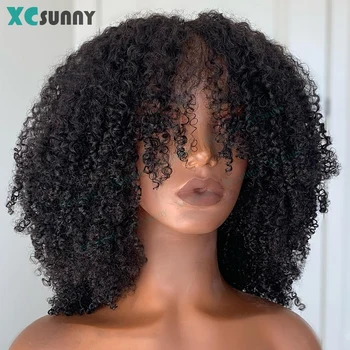 Kinky Curly Wigs Human Hair Wig With Bangs Remy Brazilian Silk Scalp Top Wig For Women 180 Density Curly Bang Wig Human Hair