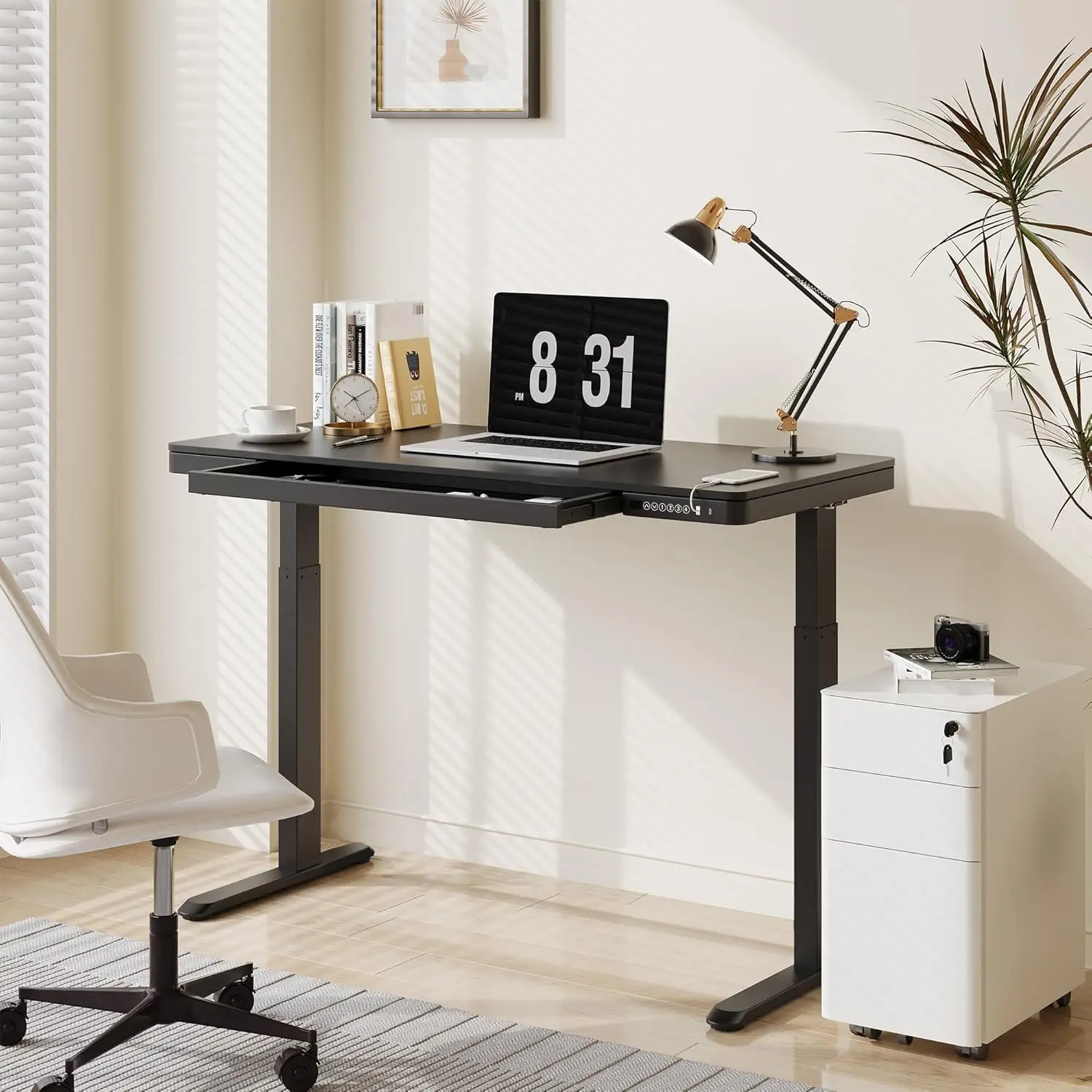 Electric standing desk with desk top with drawers and adjustable frame for quick installation with USB charging port