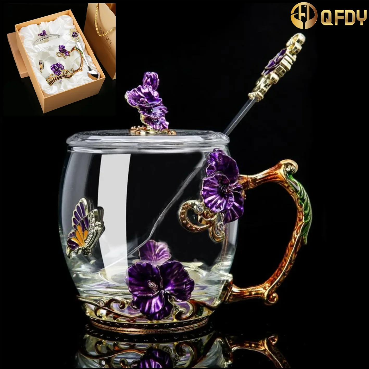 

Iight luxury coffee cup Enamel colored water cup gift box set, violet gold-plated glass cup, breakfast milk cup, home gift