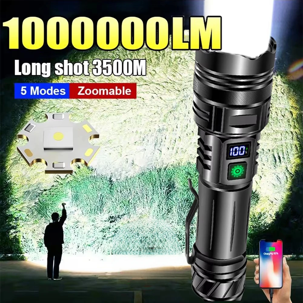 1000000LM Ultra Powerful Flashlight Zoom 5000M Long Range Torch High Power Led Flashlights Rechargeable Strong Tactical Lantern