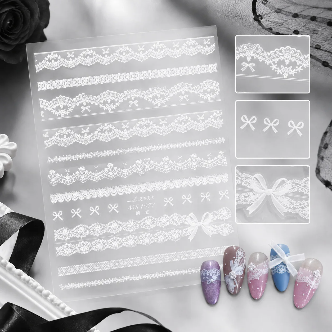 Versatile Black And White Lace Bow Flower High Quality Adhesive Nail Stickers Art Decorations Decals Design MS-1079