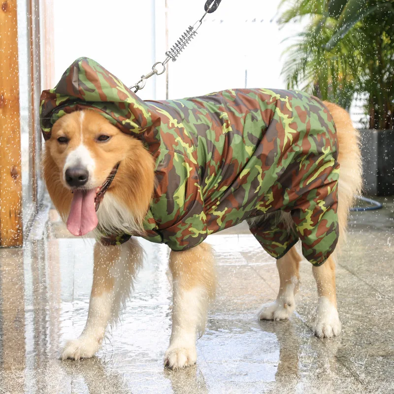 Large Dog Rain Coat with Leash Hole Camouflage Lightweight Rainproof Hoodie Clothes for Golden Retriever Alaskan Malamute Husky