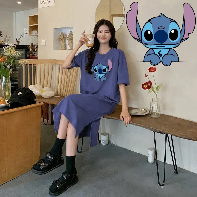 Miniso Stitch T-shirt Dresses Lilo & Stitch Anime Cartoon 40-90kg Girl Women Leisure Fatsize Short Sleeved Midlength Slit Skirts