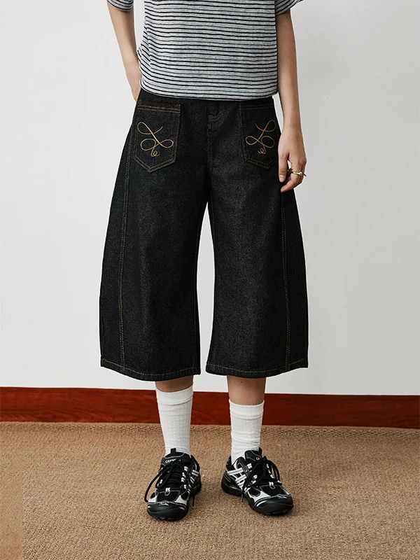 Calça Jeans Unissex Estilo Americano Bordada de Perna Larga Casual High Street Solta Corte Reto Primavera Verão