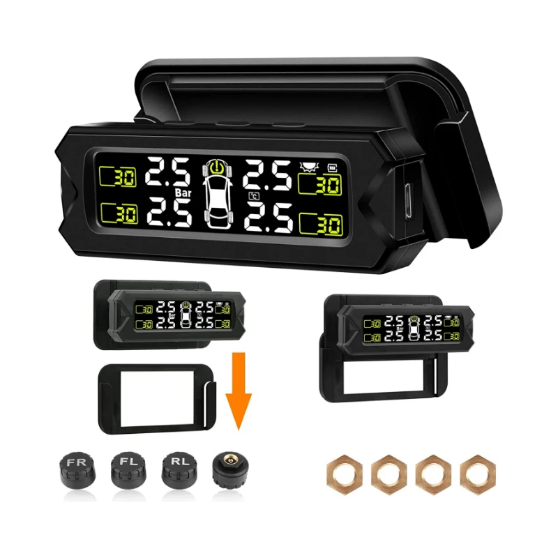 Detached Bracket Tire Pressure Monitoring System TPMS Wireless Sensor Kit Angle Adjustable Solar Power 14-87PSI Real Time Detect