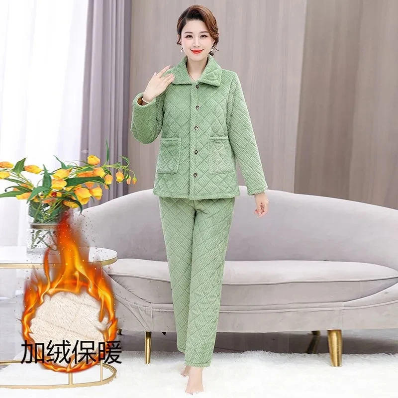 Women Pajamas Set Flannel Winter Sleepwear Kawaii Female Nightwear Pyjamas Warm Thick Coral Velvet Long Sleeve Home Pijamas Set