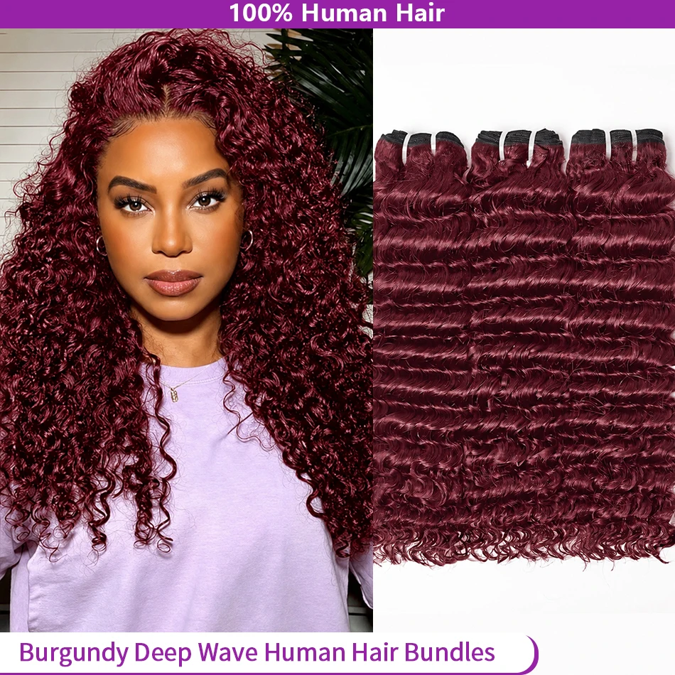 

16A Deep Wave Human Hair Bundles 99J Burgundy Bundles Hair 100% Brazilian Virgin Hair Extension Ponytail Human Hair Full & Thick