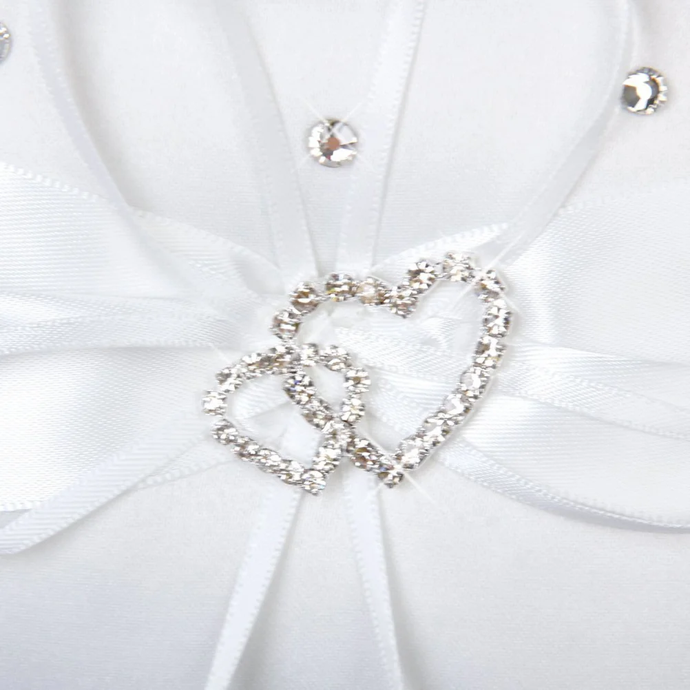 الأبيض 15X15 سم وسادة خاتم الساتان تألق حجر الراين مزدوجة القلب مشبك لحفل الزفاف سلة للزهور