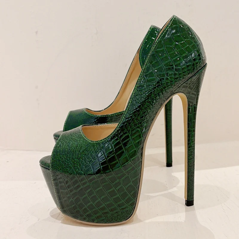 Liyke 2024 New Green Snake Print Leather Platform Pumps Women Sexy Slingback Peep Toe Extreme High Heels Strip Pole Dance Shoes