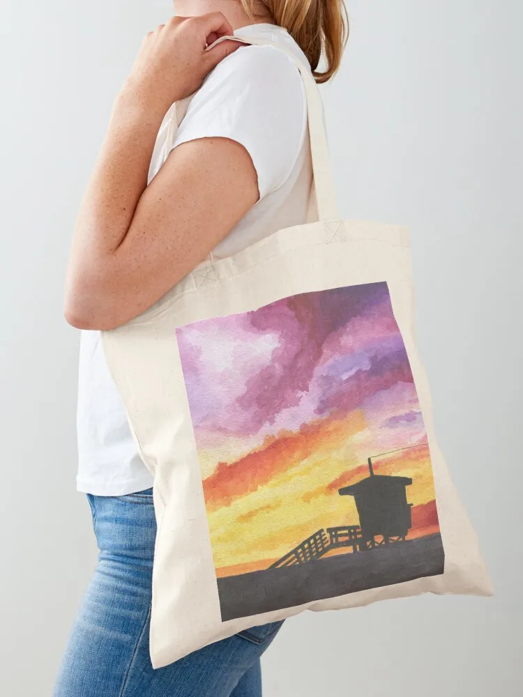 

Sunset Lifeguard Tower Santa Monica Tote Bag Handbags women shopper bags tote bag men Portable shopping bag