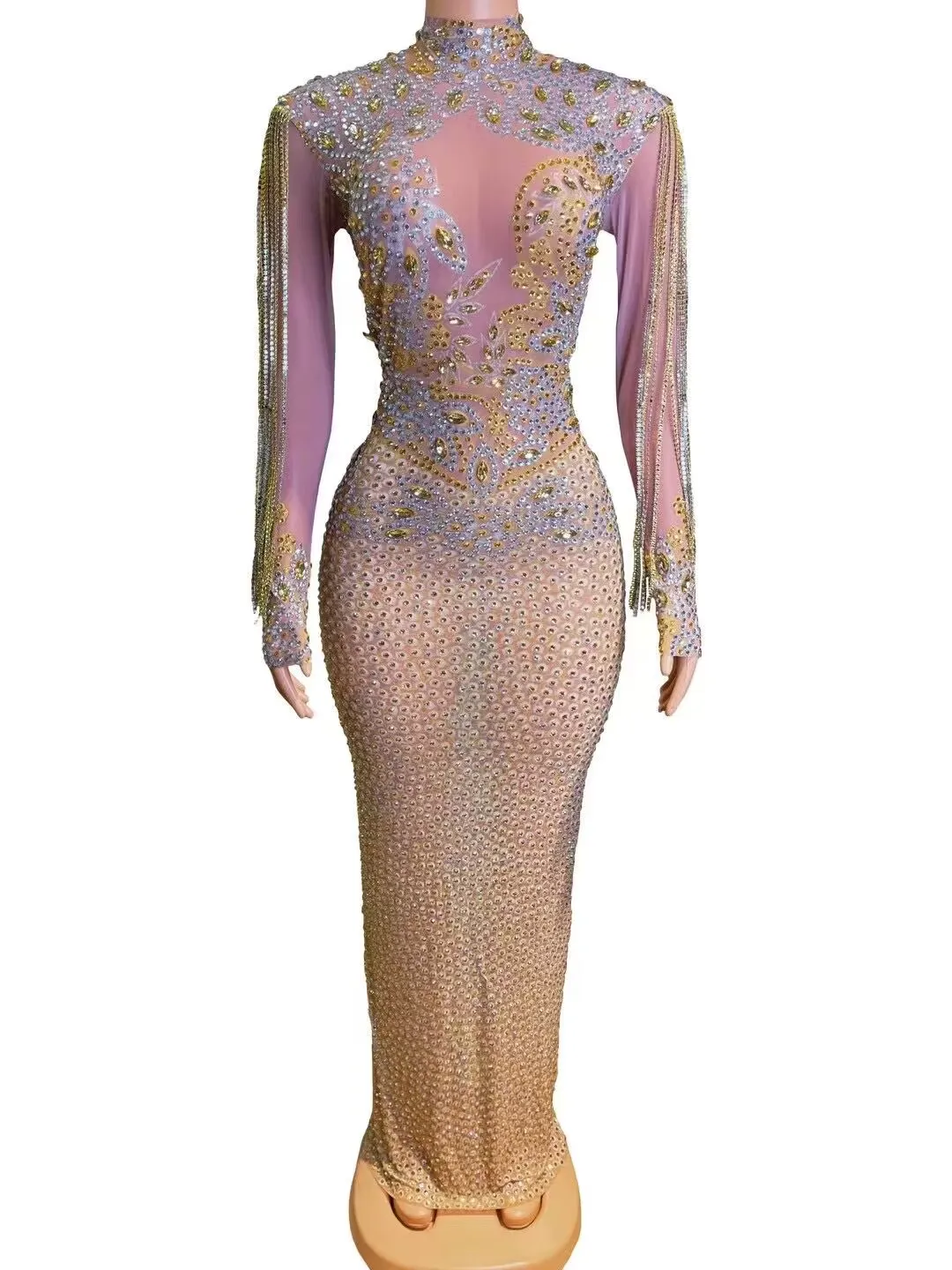 

Full Diamond Perspective Mesh Sexy Long Dress Nightclub DJ Bar Female Singer Dance Team Stage Costume Party Theme Show Clothing