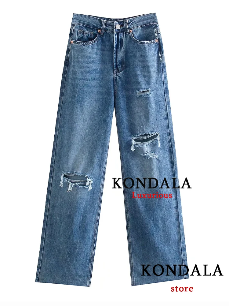 KONDALA 2025 جينز نسائي غير رسمي بثقوب ممزقة من قماش الدنيم موضة عالية الخصر بأزرار ملابس الشارع الشهير سراويل طويلة سراويل نسائية عتيقة