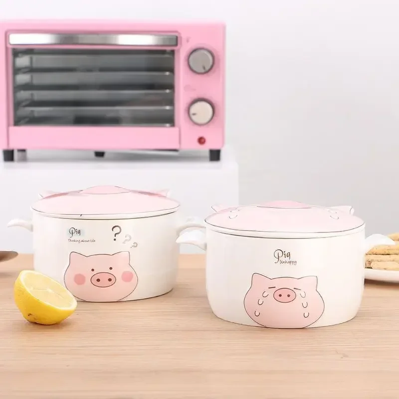 Cute cartoon little pig girl heart student soup bowl instant noodles bowl with lid destiny cute noodles bowl ceramic bowl