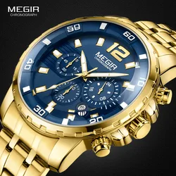 Megir Men's Gold Stainless Steel Quartz Watches Business Chronograph Analgue Wristwatch For Man Waterproof Luminous 2068ggd-2n3