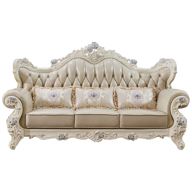 

Leather sofa combination living room cowhide solid wood carving flower