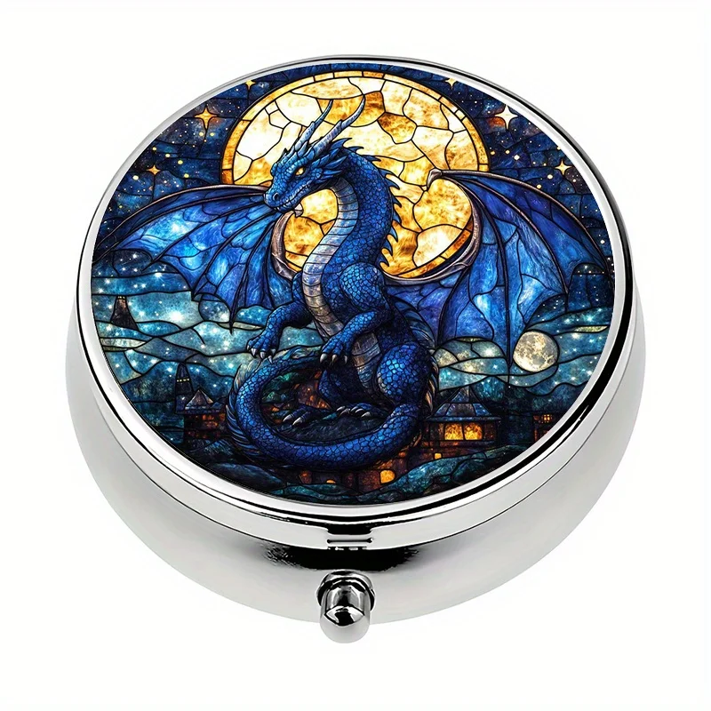 1 piece, includes a pill box with 3 compartments featuring a majestic dragon design, a decorative and compact daily pill organizer, ideal for personal outdoor travel and office medication reminders, a pill box that can be placed in a handbag
