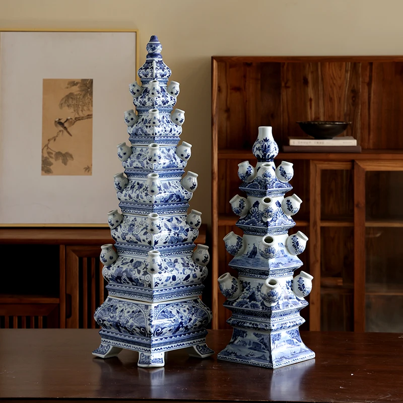 Chinese blue and white porcelain pagoda flower ware villa model room living room entrance ceramic pagoda flower ware floor-to-ce