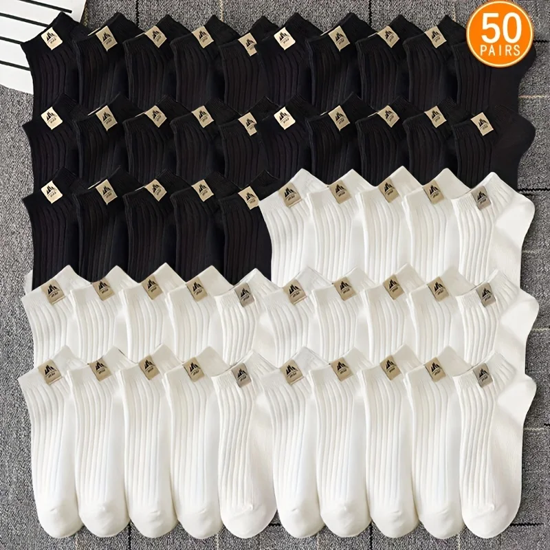 

50 Pairs of Men's Summer Sports Sweat Absorbing Ankle Socks Fashionable Letter Printed High Elasticity Outdoor Running Socks