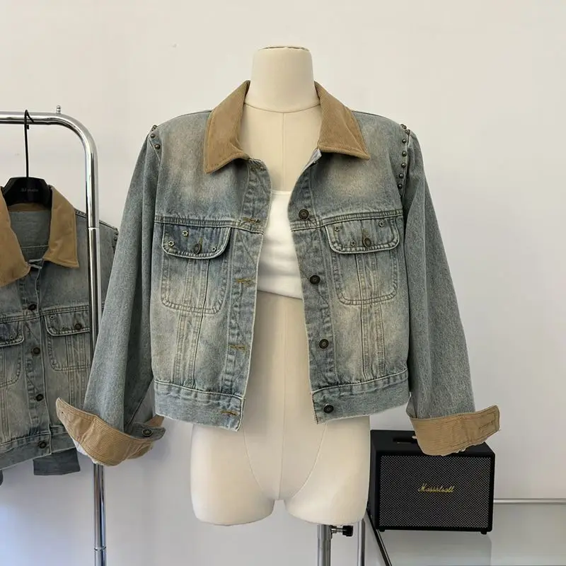 

Women Vintage Patchwork Lapel Neck Rivets Denim Coats Female Long Sleeve Single Breasted Short Jean Jackets Outwear Streetwear