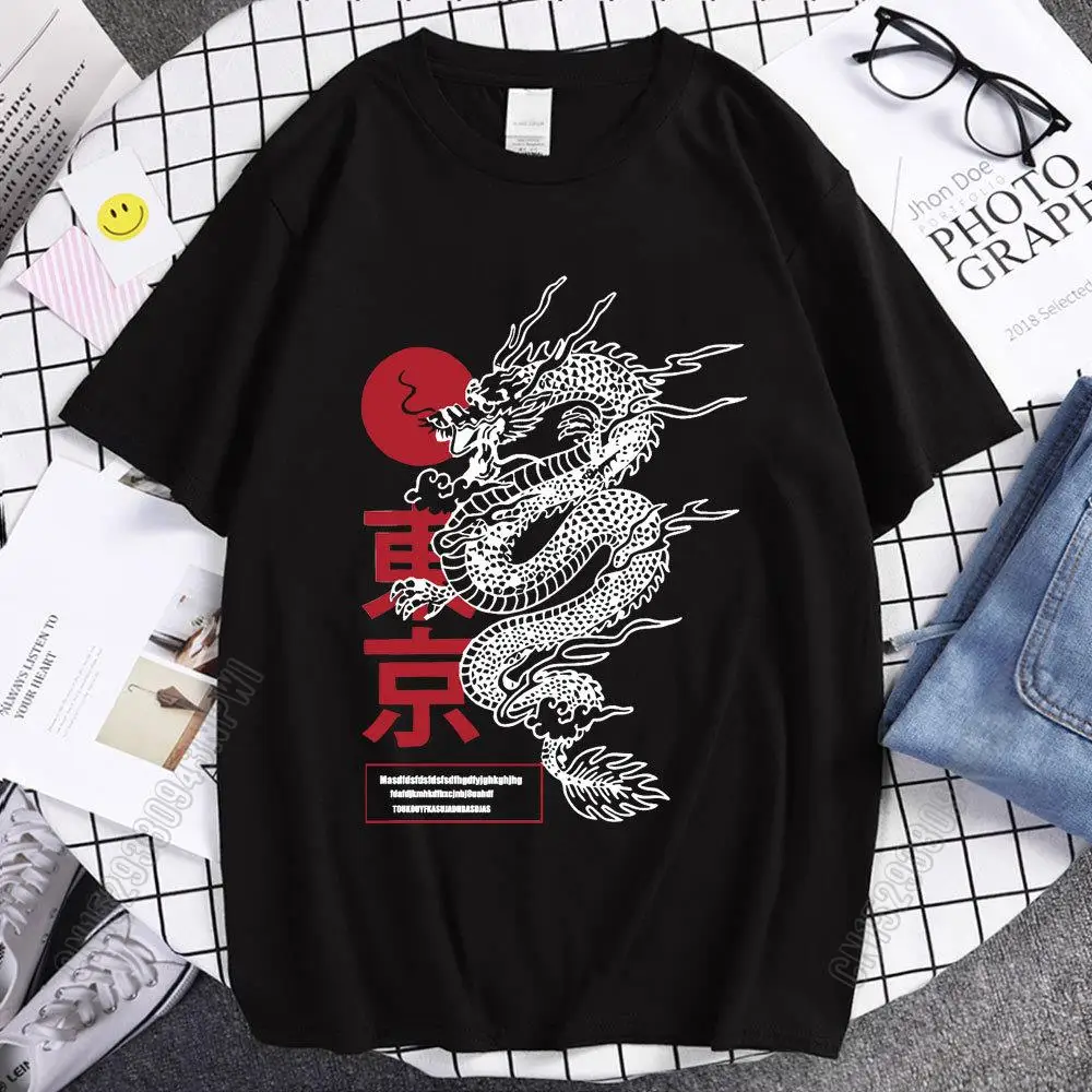 Women T-Shirt Vintage Chinese Dragon Cotton Loose Top Summer New Harajuku O-Neck Short-Sleeved T-Shirt Gothic Streetwear