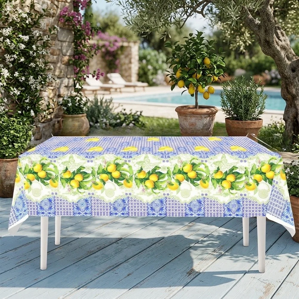 3 Pack Lemon Motif Tablecloths - Waterproof PE Plastic Covers for 71x42.5 Inch Rectangular Tables and Party Use