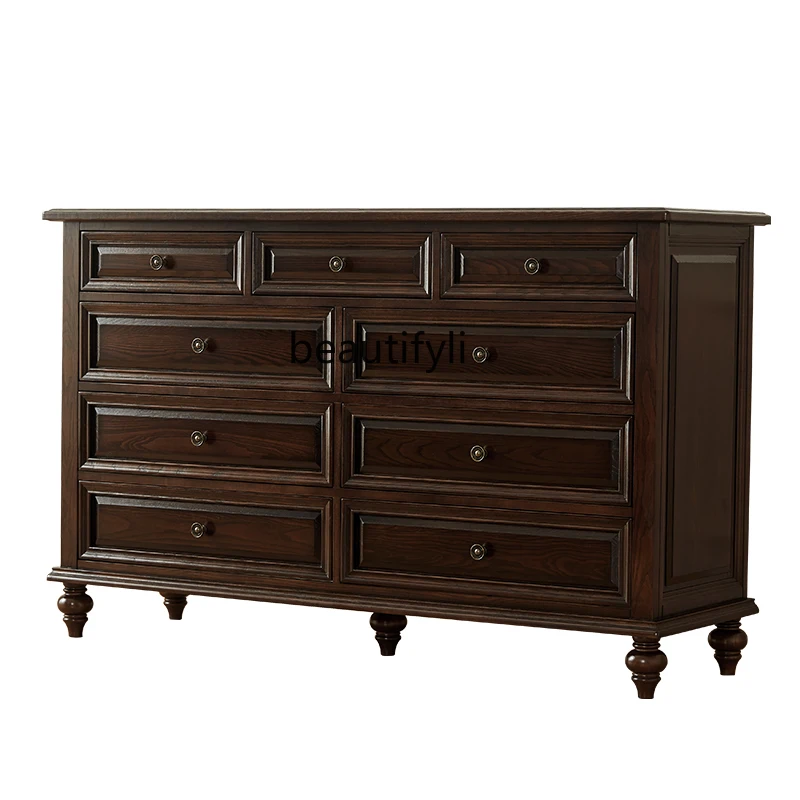 

American-Style Solid Wood Nine-Drawer Cabinet Living Room Wall Chest of Drawers Retro Bedroom Storage Cabinet