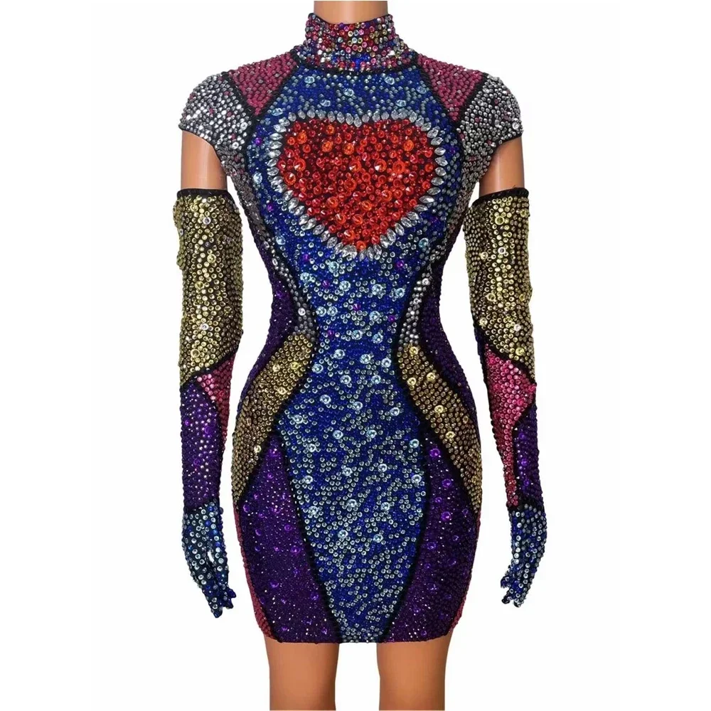 Strassjurk Dames Verjaardagsfeestje Drag Queen Outfit Met Handschoenen Korte Lengte Jurken Hoge Hals Glanzende Stadiumkleding