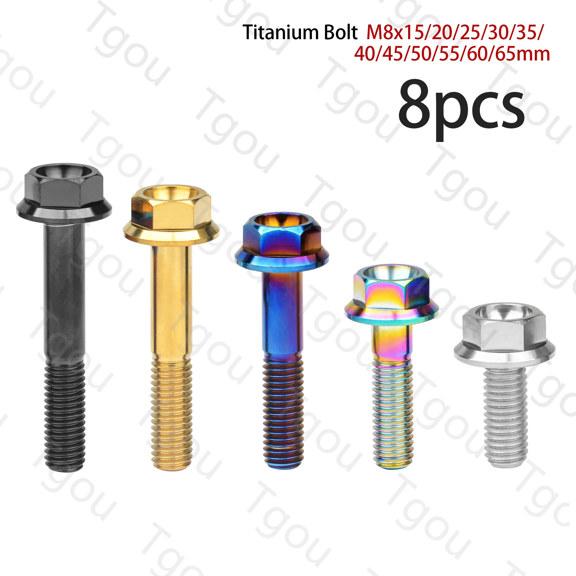 Tgou Titanium Bolt M8x15/20/25/30/35/40/45/50/55/60/65mm Flange Hex Head Screw for Motorcycle 8pcs