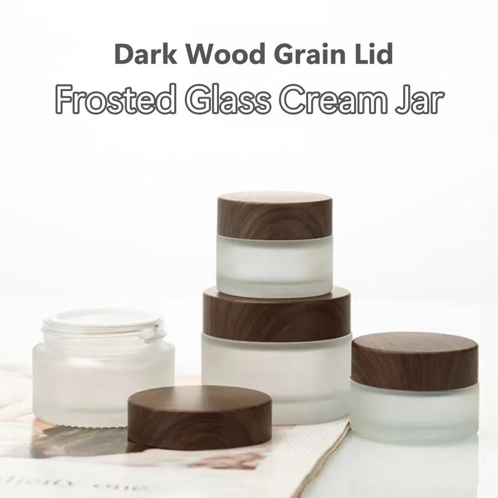 Frosted Glass Cream Jar Dark Wood Grain Lid Screw Cap Cosmetic Sample Dispenser 5/10/15/20/30/50/100g Empty Container for Travel