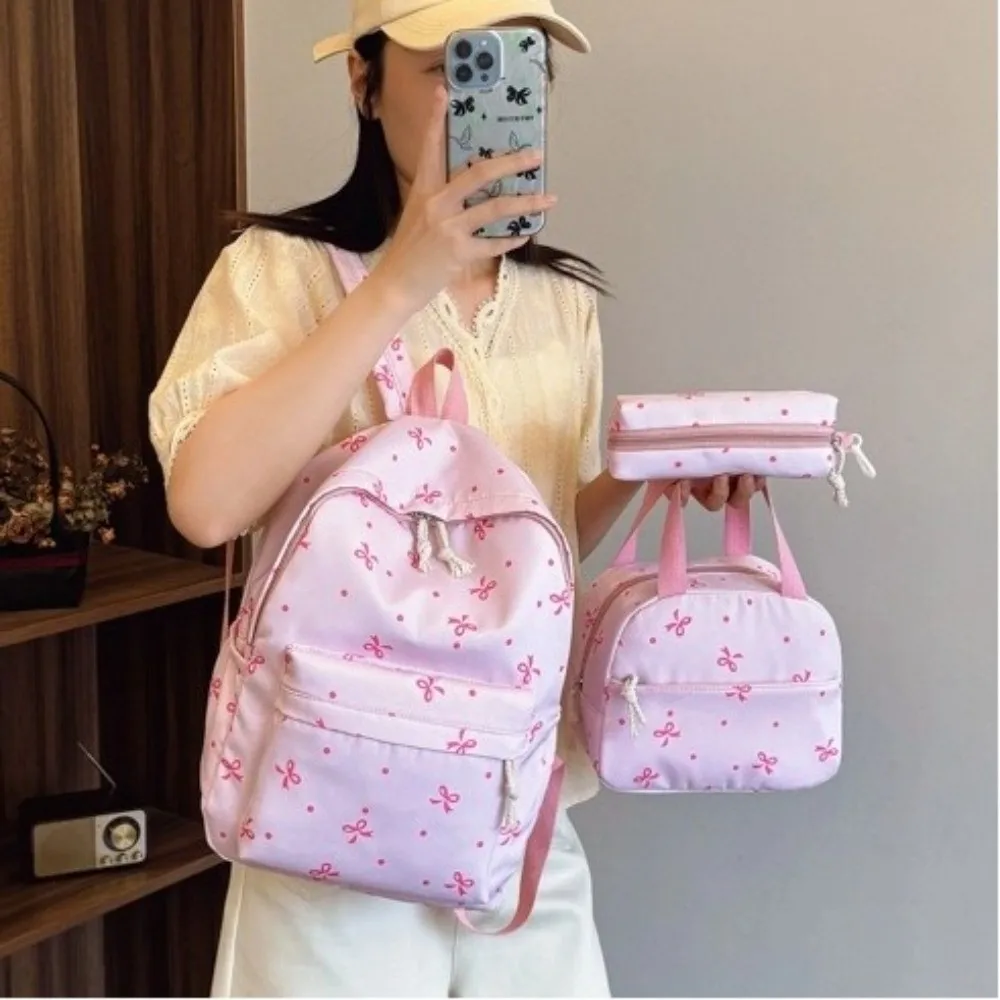 3-delige rugzakset met stippen en strik, meerdere zakken, schoolrugzak met grote capaciteit, verstelbare bandjes met lunchtas, etui