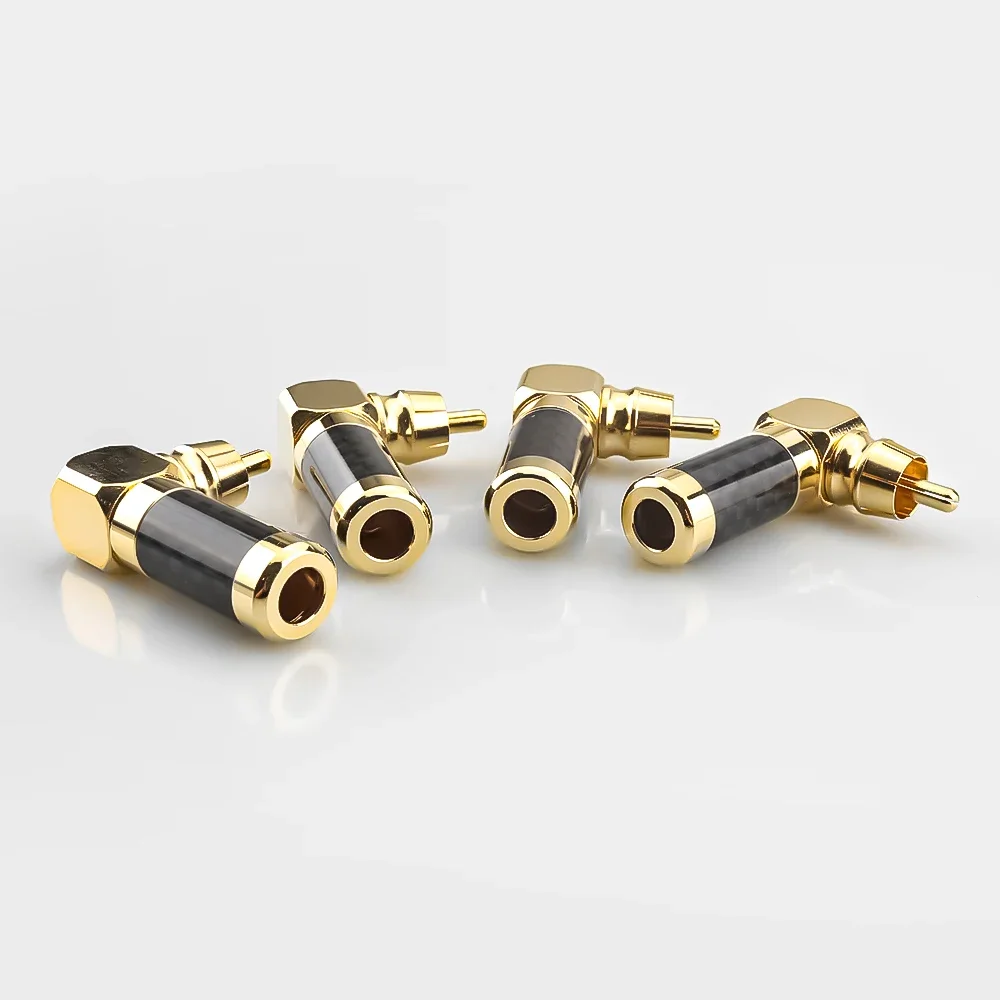 Black carbon fiber 4pcs 24K Gold 90 Degree Right Angle Speaker RCA Plugs Audio Jack Connector for Musical HiFi Audio