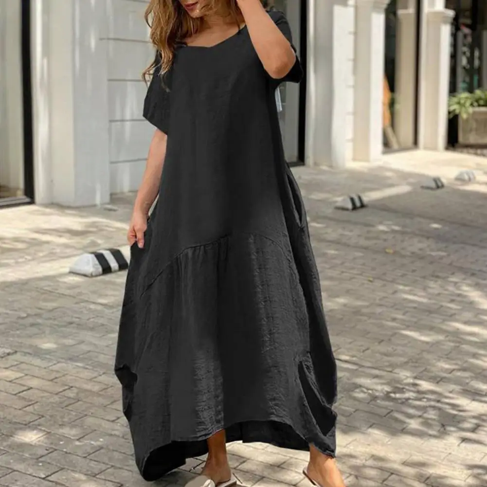 Beach Party Dress Oversized A-line Summer Dress Daily Clothes Women Dress Solid Color Loose Type O Neck Bie Hem Short Sleeves