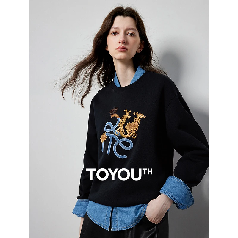 TOYOUTH Women Hoodies Sweatshirt 2024 Autumn New Crown Pattern Patchwork Embroidered Casual Pullover Tops