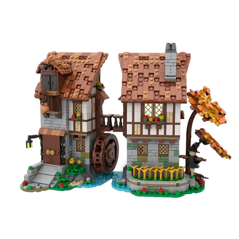 

Medieval Watermill and House can be Divided Model 1235 Pieces MOC Build