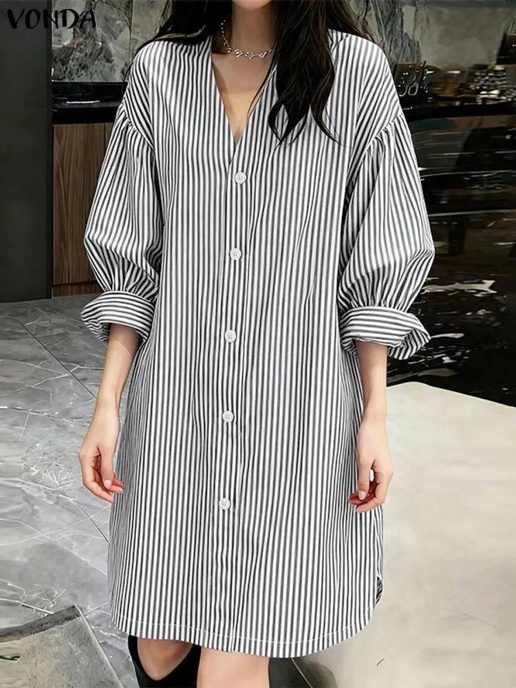 VONDA mode robes rayées femmes chemise longue 2025 printemps été Mini robe d'été col en v manches bouffantes décontracté coréen robes courtes