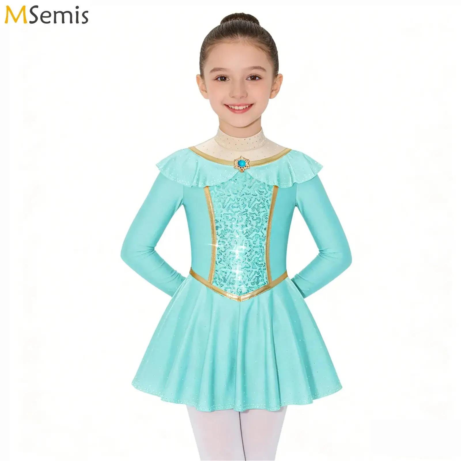 

Kids Girls Princess Ballet Dress Sparkly Long Sleeve Dancewear Rhinestones Sequins Decor Long Sleeve Back Cutout Dress Costume