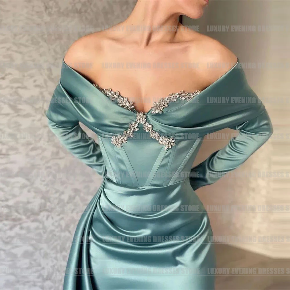 Luxury Mermaid Long Sleeve Evening Dresses For Woman Glisten Sexy Off Shoulder Satin Formal Sparkle Fashionable Party Prom Gowns