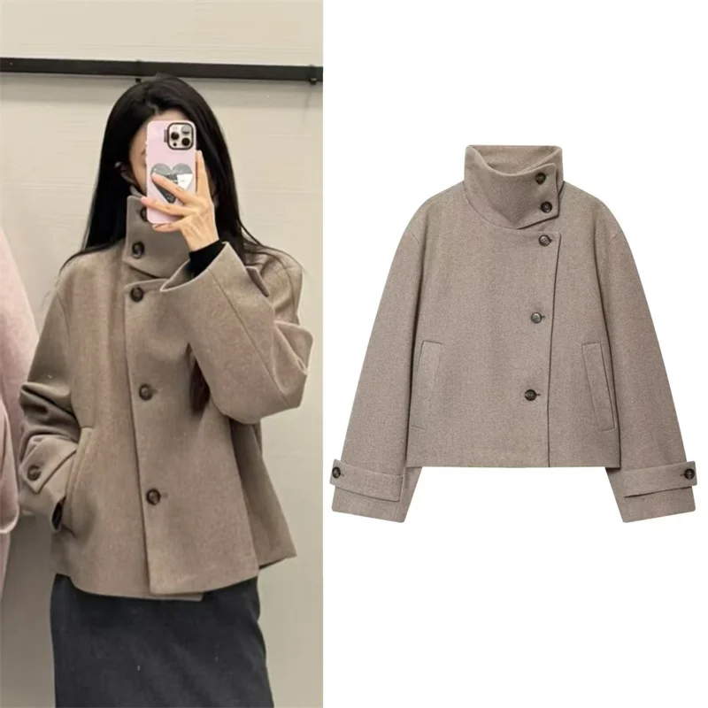 

European and American 2025 Winter New Women's Loose and Casual Style Simple Long Sleeve Buckle Stand up Collar Coat