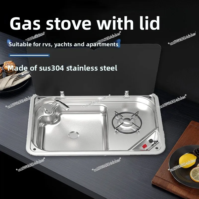 Stainless Steel Gas Stove with Tempered Glass Cover and Water Basin for RV Yacht Small Apartment GR-933