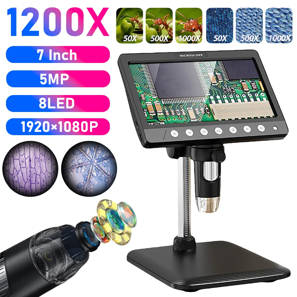 

7-дюймовый IPS цифровой монетный микроскоп 5MP 1200X сверхточная фокусирующая камера 1080P видеомикроскоп 8 светодиодных фонарей для цепи монет