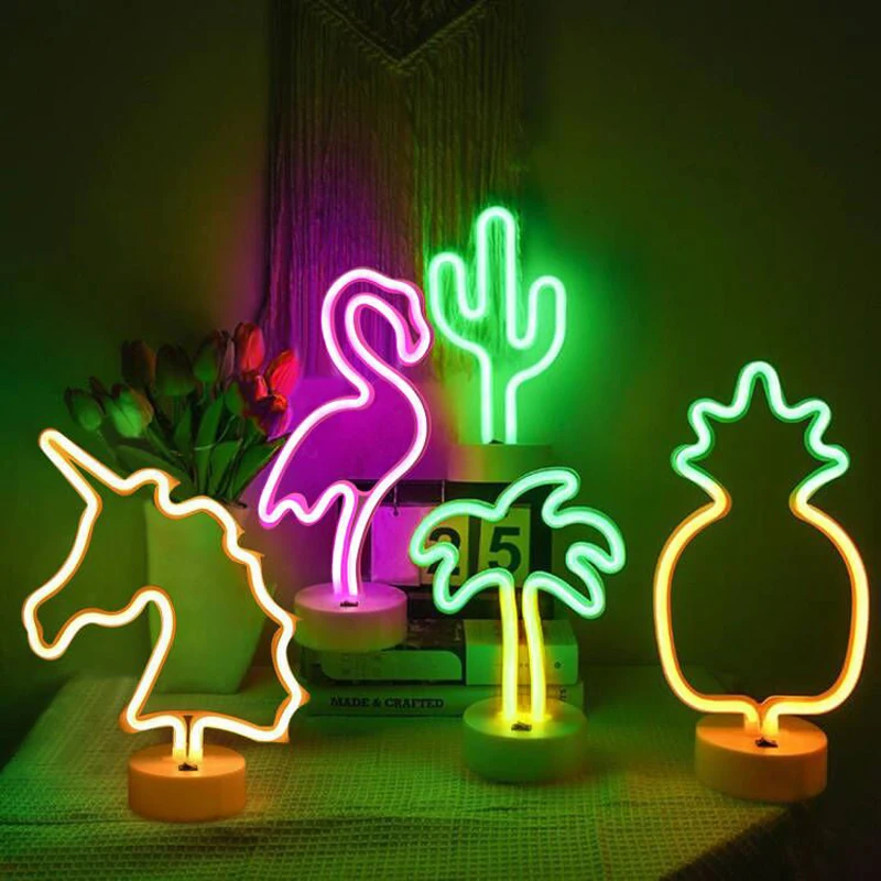 5V Ramadan Decoration 2024 Flamingo Cactus Coconut tree Desktop Decorative Neon Led Night Lights for Happy Birthday Party Decor