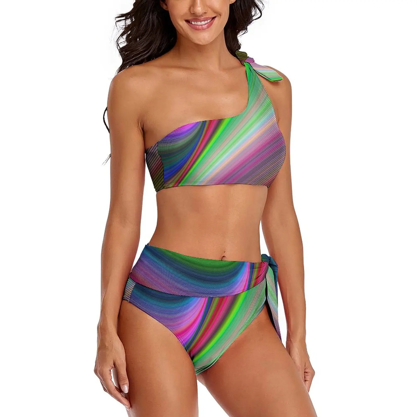 Rainbow Striped Bikini Swimsuit Abstract Art One Shoulder Swimwear Sexy Bikini Set Ladies Push Up Bathing Suit Birthday Gift