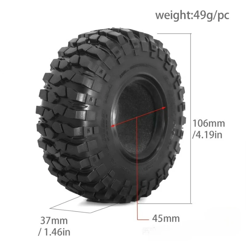 4PCS 1.9 pollici Simulato Gomma Arrampicata Pneumatico 106x37mm per 1/10 RC Crawler Auto Traxxas TRX4 AXIAL SCX10 RC4WD D90 D110 Accessori