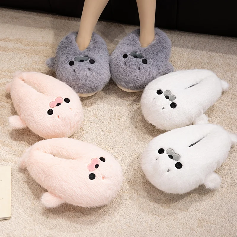 

Женские домашние меховые тапочки, повседневные милые полностью покрытые волосатые уплотнения, зимние домашние нескользящие теплые мягкие подошвы, удобные домашние новые