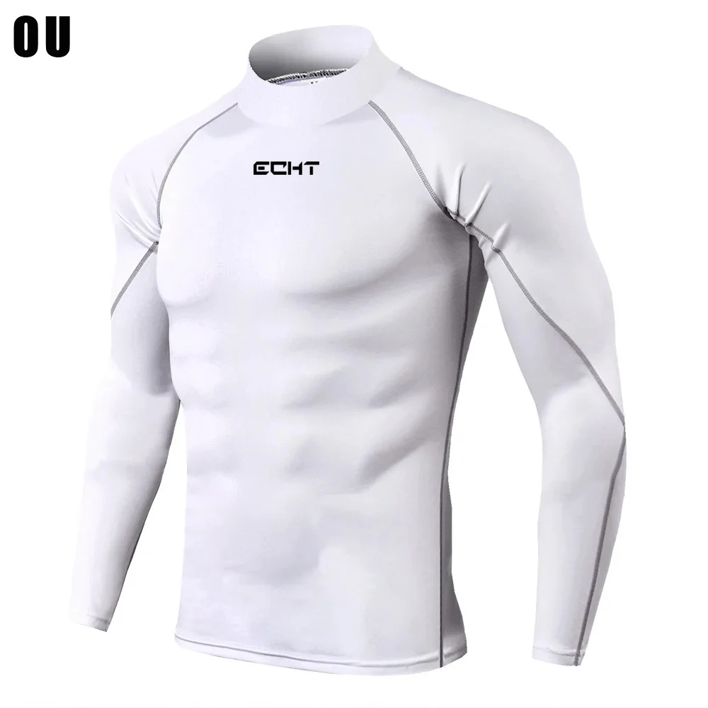قميص رجالي مضغوط للتمرين بياقة مدورة وأكمام طويلة، قميص رياضي بطبقة أساسية من الطفح الجلدي، قميص رياضي