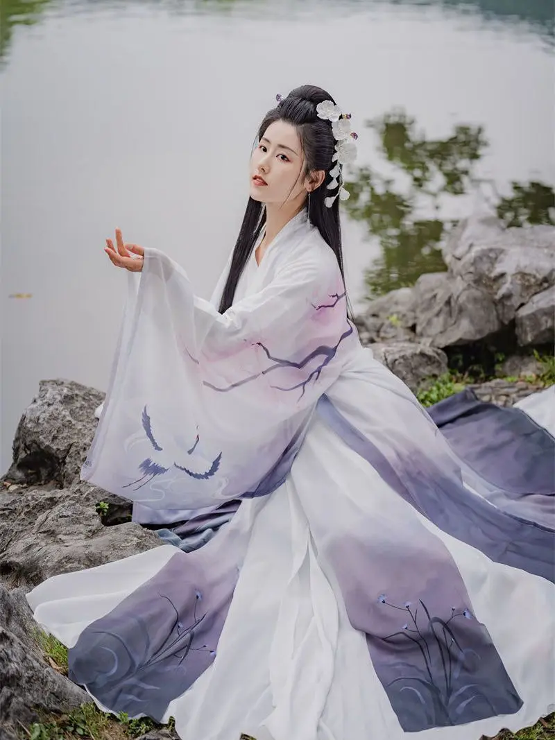 

Hanfu, олень Сика, для влюбленных мужчин и женщин, стиль Wei Jin, супер неувядающие широкие рукава, перекрестный воротник, длина талии, большой принт