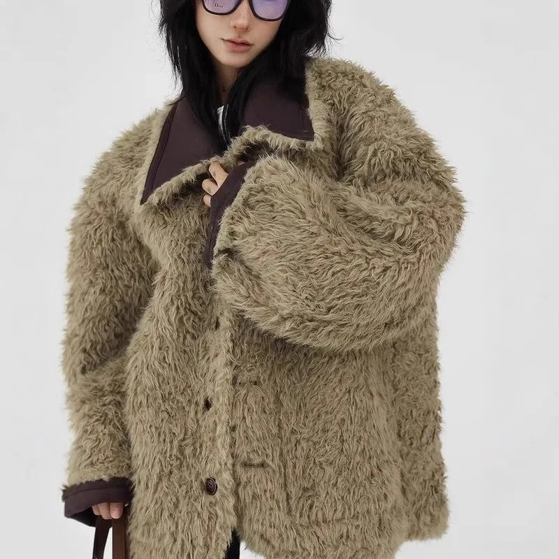 Women Blend Wool Coat 2025 New Retro Two Side Wear Lamb Fur Lined Thickened Cotton Coat Warm Women's Casual Coat