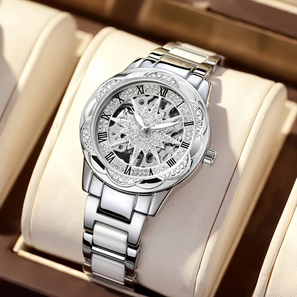 

Модные женские механические часы из нержавеющей стали с украшением, двойной пресс, пряжка-бабочка, браслет с полым звездным дизайном